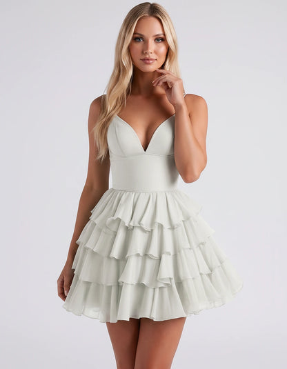 Chiffon Spaghetti Strap Deep V Neck Tiered Ruffle Mini Dress for Homecoming, Graduation, Cocktail, Party, Evening and Summer 