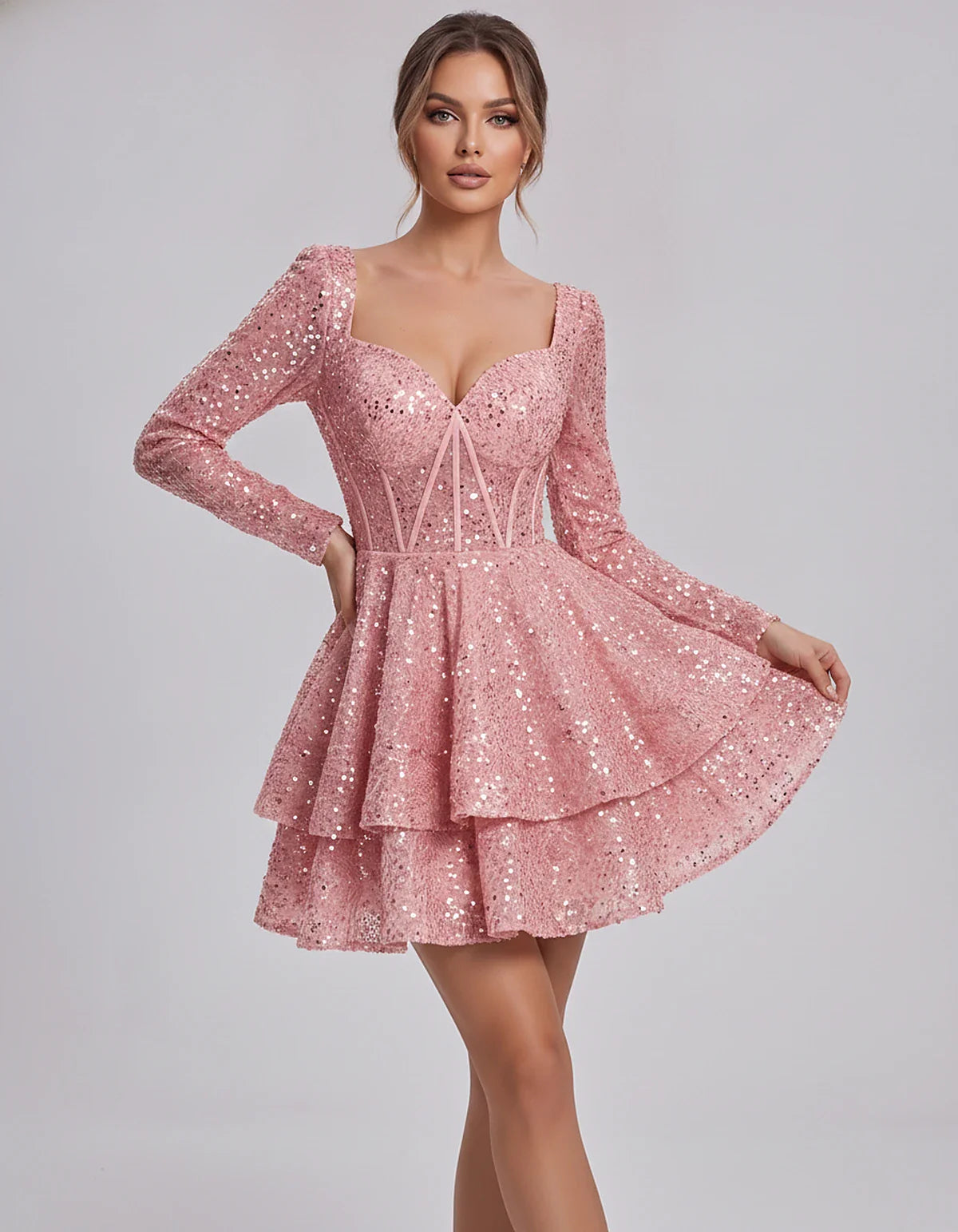 Sequin Long Sleeve Sweetheart Corset Tiered Ruffle Mini Dress for Party, Cocktail, Evening, Summer, Wedding Guest in Champagn | SKU: MD-123456789012345-BLUSH-L,MD-123456789012345-BLUSH-M,MD-123456789012345-BLUSH-S,MD-123456789012345-BLUSH-XL,MD-123456789012345-BLUSH-XS