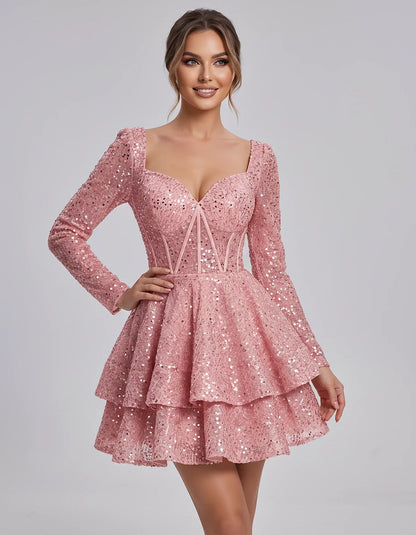 Sequin Long Sleeve Sweetheart Corset Tiered Ruffle Mini Dress for Party, Cocktail, Evening, Summer, Wedding Guest in Champagn | SKU: MD-123456789012345-BLUSH-L,MD-123456789012345-BLUSH-M,MD-123456789012345-BLUSH-S,MD-123456789012345-BLUSH-XL,MD-123456789012345-BLUSH-XS