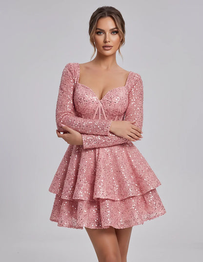 Sequin Long Sleeve Sweetheart Corset Tiered Ruffle Mini Dress for Party, Cocktail, Evening, Summer, Wedding Guest in Champagn | SKU: MD-123456789012345-BLUSH-L,MD-123456789012345-BLUSH-M,MD-123456789012345-BLUSH-S,MD-123456789012345-BLUSH-XL,MD-123456789012345-BLUSH-XS
