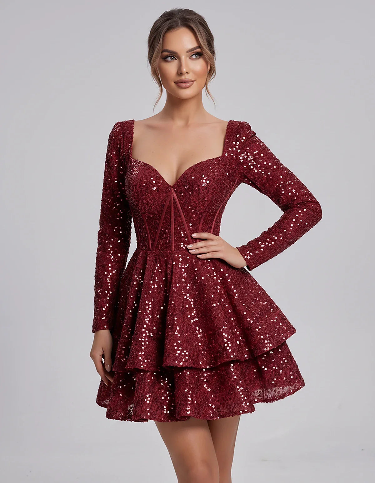 Sequin Long Sleeve Sweetheart Corset Tiered Ruffle Mini Dress for Party, Cocktail, Evening, Summer, Wedding Guest in Champagn | SKU: MD-123456789012345-BURGUNDY-L,MD-123456789012345-BURGUNDY-M,MD-123456789012345-BURGUNDY-S,MD-123456789012345-BURGUNDY-XL,MD-123456789012345-BURGUNDY-XS