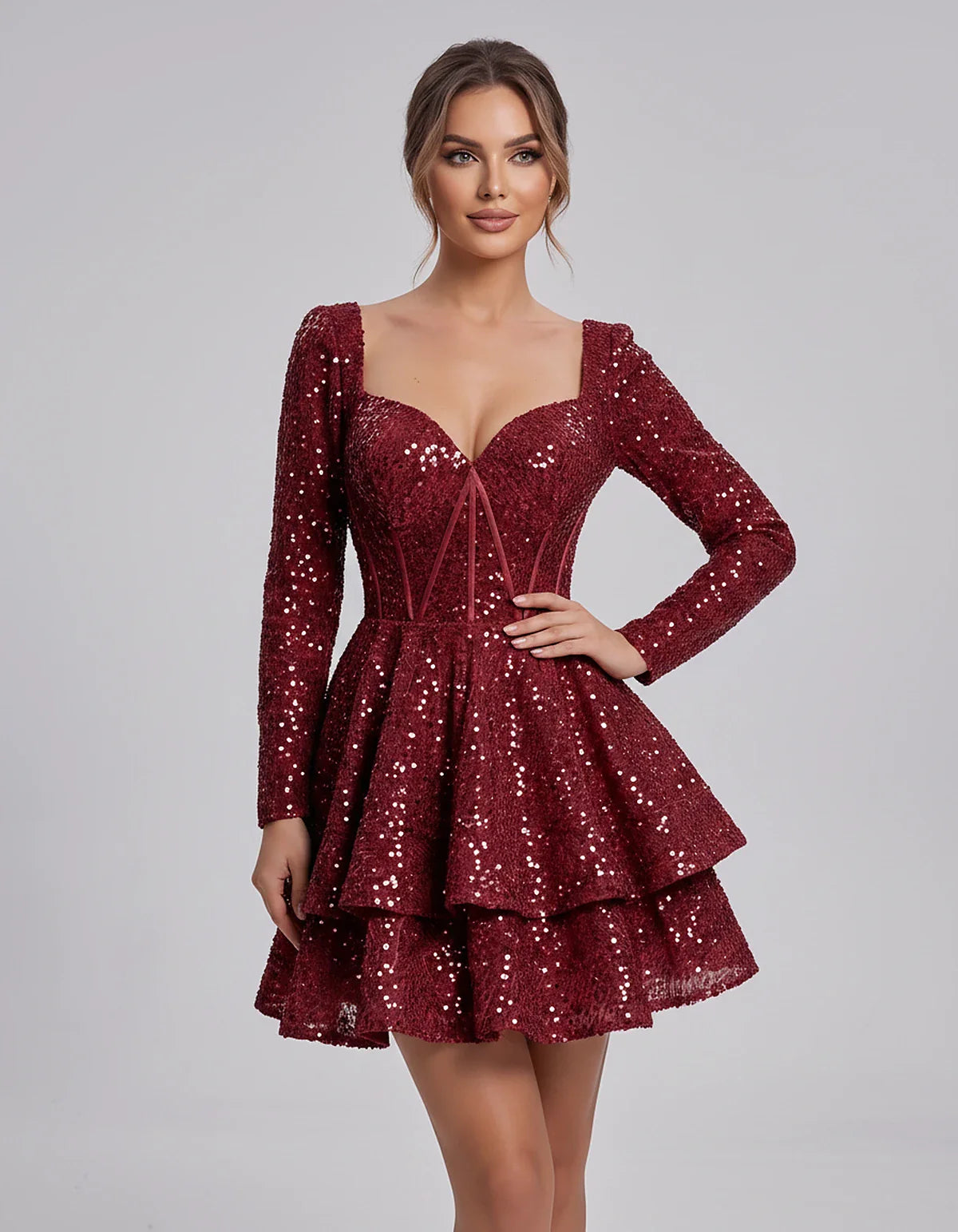 Sequin Long Sleeve Sweetheart Corset Tiered Ruffle Mini Dress for Party, Cocktail, Evening, Summer, Wedding Guest in Champagn | SKU: MD-123456789012345-BURGUNDY-L,MD-123456789012345-BURGUNDY-M,MD-123456789012345-BURGUNDY-S,MD-123456789012345-BURGUNDY-XL,MD-123456789012345-BURGUNDY-XS
