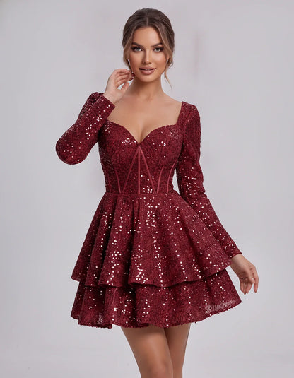 Sequin Long Sleeve Sweetheart Corset Tiered Ruffle Mini Dress for Party, Cocktail, Evening, Summer, Wedding Guest in Champagn | SKU: MD-123456789012345-BURGUNDY-L,MD-123456789012345-BURGUNDY-M,MD-123456789012345-BURGUNDY-S,MD-123456789012345-BURGUNDY-XL,MD-123456789012345-BURGUNDY-XS