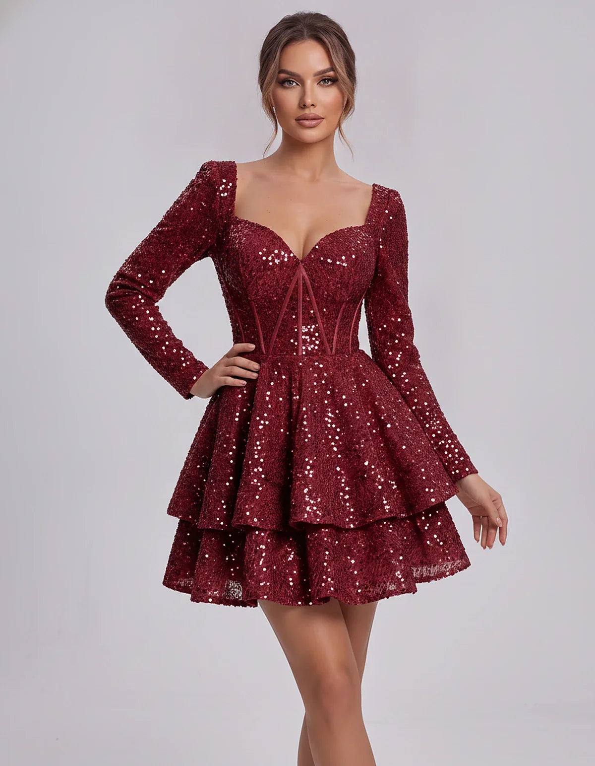 Sequin Long Sleeve Sweetheart Corset Tiered Ruffle Mini Dress for Party, Cocktail, Evening, Summer, Wedding Guest in Champagn | SKU: MD-123456789012345-BURGUNDY-L,MD-123456789012345-BURGUNDY-M,MD-123456789012345-BURGUNDY-S,MD-123456789012345-BURGUNDY-XL,MD-123456789012345-BURGUNDY-XS