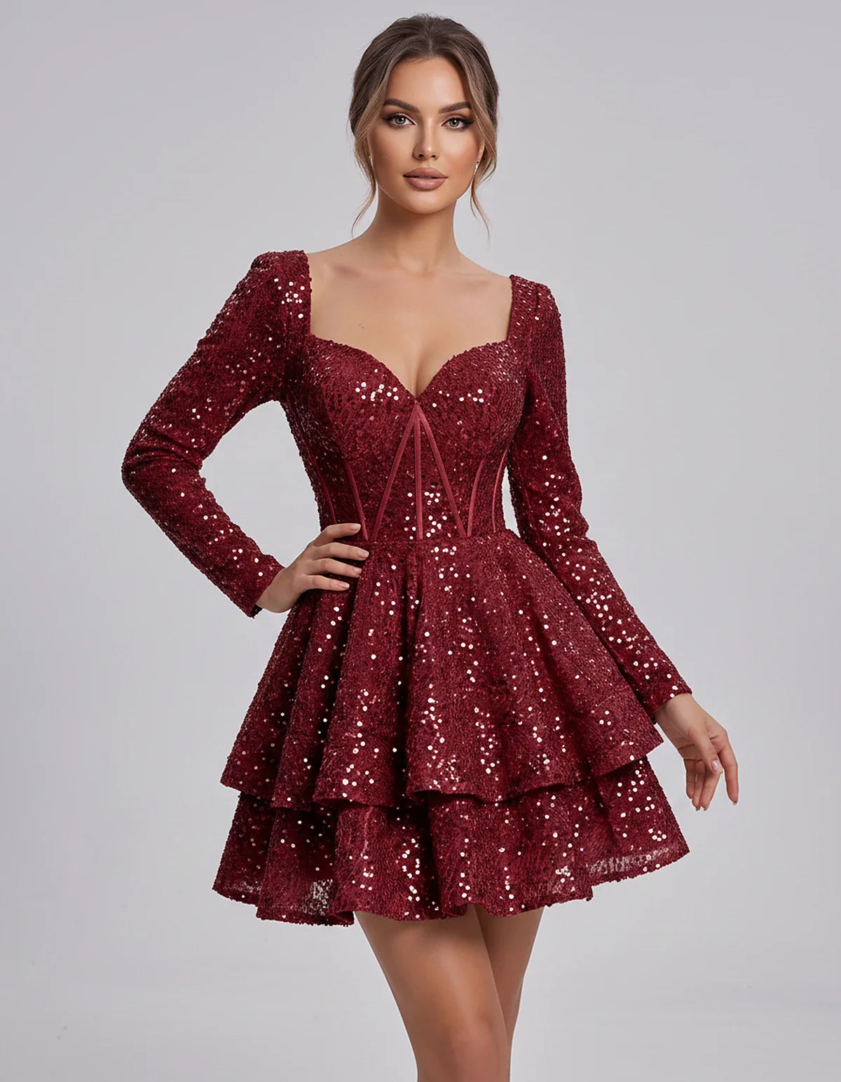 Sequin Long Sleeve Sweetheart Corset Tiered Ruffle Mini Dress for Party, Cocktail, Evening, Summer, Wedding Guest in Champagn | SKU: MD-123456789012345-BURGUNDY-L,MD-123456789012345-BURGUNDY-M,MD-123456789012345-BURGUNDY-S,MD-123456789012345-BURGUNDY-XL,MD-123456789012345-BURGUNDY-XS