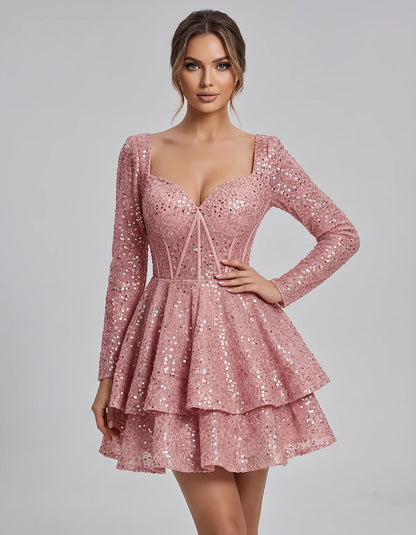 Sequin Long Sleeve Sweetheart Corset Tiered Ruffle Mini Dress for Party, Cocktail, Evening, Summer, Wedding Guest in Champagn | SKU: MD-123456789012345-DUSTYROSE-L,MD-123456789012345-DUSTYROSE-M,MD-123456789012345-DUSTYROSE-S,MD-123456789012345-DUSTYROSE-XL,MD-123456789012345-DUSTYROSE-XS