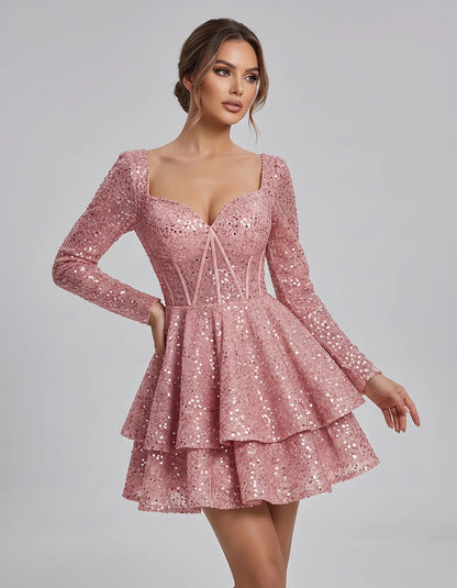 Sequin Long Sleeve Sweetheart Corset Tiered Ruffle Mini Dress for Party, Cocktail, Evening, Summer, Wedding Guest in Champagn | SKU: MD-123456789012345-DUSTYROSE-L,MD-123456789012345-DUSTYROSE-M,MD-123456789012345-DUSTYROSE-S,MD-123456789012345-DUSTYROSE-XL,MD-123456789012345-DUSTYROSE-XS