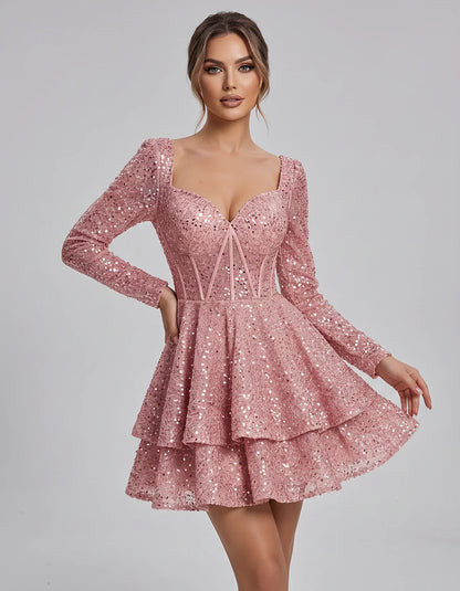 Sequin Long Sleeve Sweetheart Corset Tiered Ruffle Mini Dress for Party, Cocktail, Evening, Summer, Wedding Guest in Champagn | SKU: MD-123456789012345-DUSTYROSE-L,MD-123456789012345-DUSTYROSE-M,MD-123456789012345-DUSTYROSE-S,MD-123456789012345-DUSTYROSE-XL,MD-123456789012345-DUSTYROSE-XS