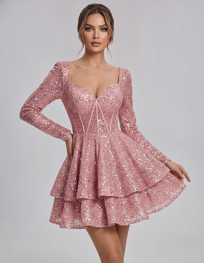 Sequin Long Sleeve Sweetheart Corset Tiered Ruffle Mini Dress for Party, Cocktail, Evening, Summer, Wedding Guest in Champagn | SKU: MD-123456789012345-DUSTYROSE-L,MD-123456789012345-DUSTYROSE-M,MD-123456789012345-DUSTYROSE-S,MD-123456789012345-DUSTYROSE-XL,MD-123456789012345-DUSTYROSE-XS