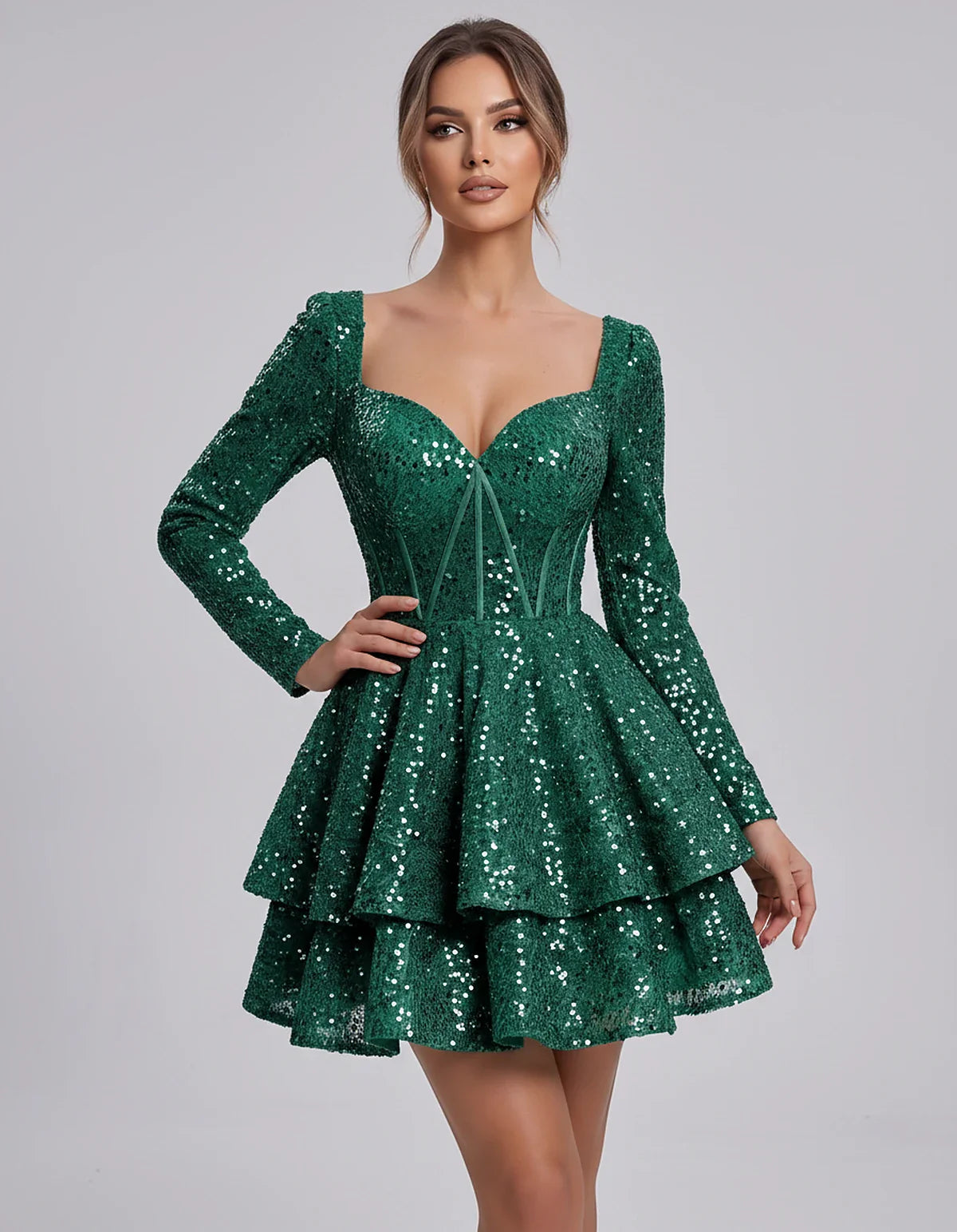 Sequin Long Sleeve Sweetheart Corset Tiered Ruffle Mini Dress for Party, Cocktail, Evening, Summer, Wedding Guest in Champagn | SKU: MD-123456789012345-EMERALD-L,MD-123456789012345-EMERALD-M,MD-123456789012345-EMERALD-S,MD-123456789012345-EMERALD-XL,MD-123456789012345-EMERALD-XS