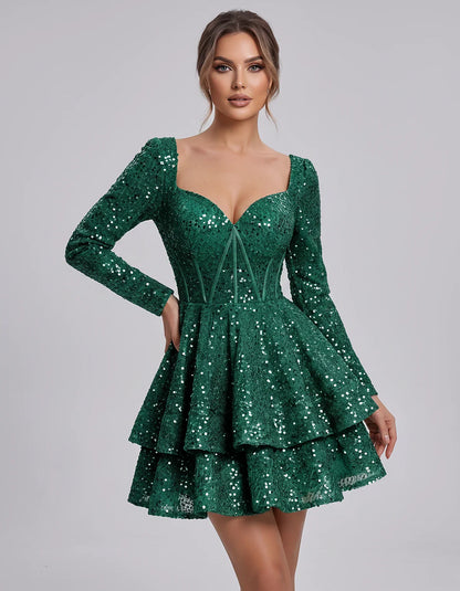 Sequin Long Sleeve Sweetheart Corset Tiered Ruffle Mini Dress for Party, Cocktail, Evening, Summer, Wedding Guest in Champagn | SKU: MD-123456789012345-EMERALD-L,MD-123456789012345-EMERALD-M,MD-123456789012345-EMERALD-S,MD-123456789012345-EMERALD-XL,MD-123456789012345-EMERALD-XS