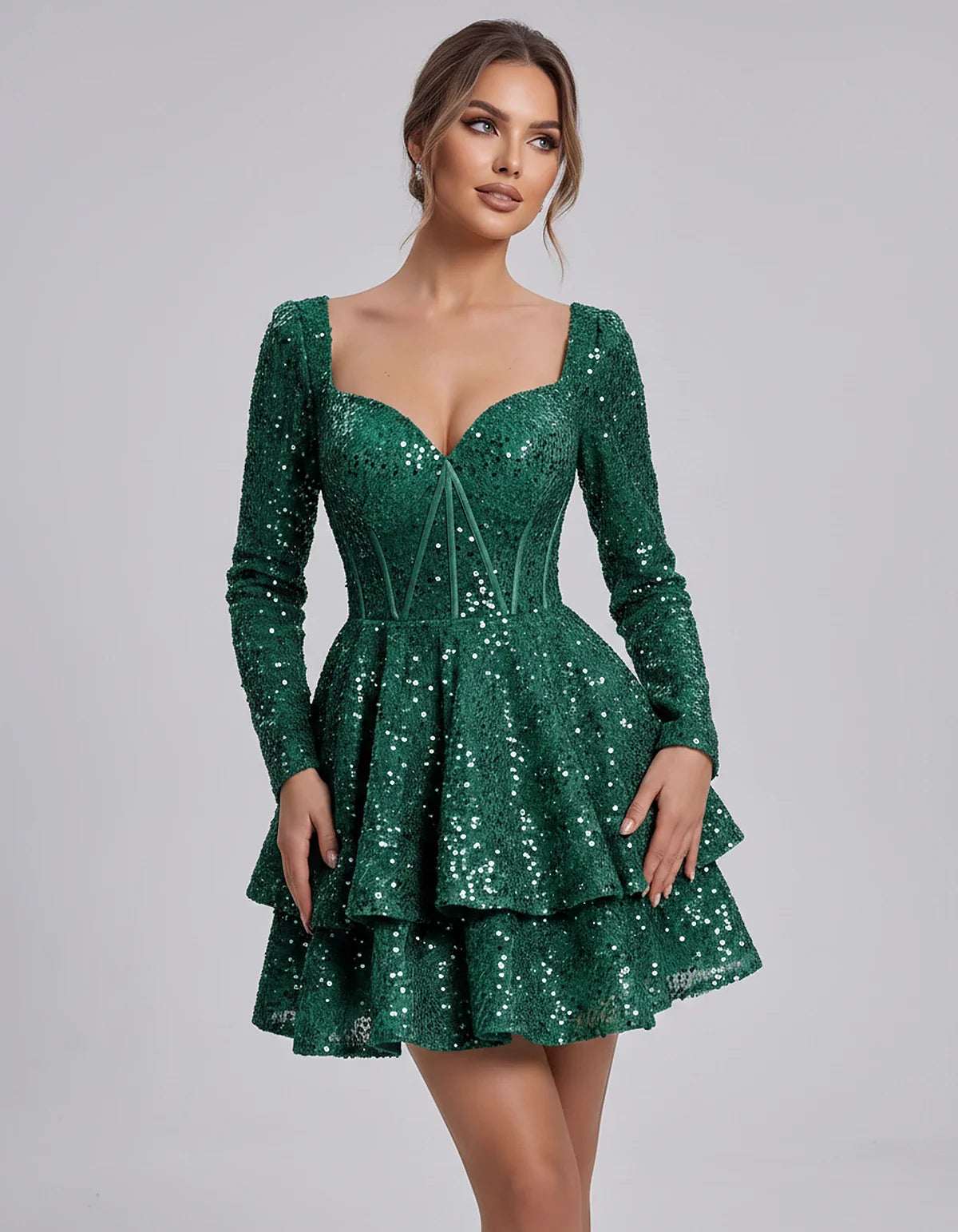 Sequin Long Sleeve Sweetheart Corset Tiered Ruffle Mini Dress for Party, Cocktail, Evening, Summer, Wedding Guest in Champagn | SKU: MD-123456789012345-EMERALD-L,MD-123456789012345-EMERALD-M,MD-123456789012345-EMERALD-S,MD-123456789012345-EMERALD-XL,MD-123456789012345-EMERALD-XS