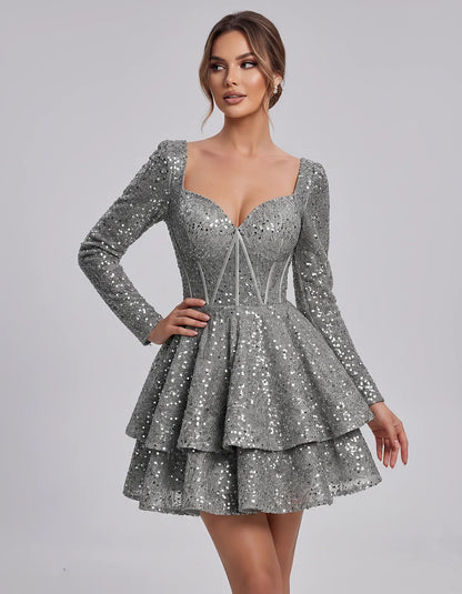 Sequin Long Sleeve Sweetheart Corset Tiered Ruffle Mini Dress for Party, Cocktail, Evening, Summer, Wedding Guest in Champagn | SKU: MD-123456789012345-GREY-L,MD-123456789012345-GREY-M,MD-123456789012345-GREY-S,MD-123456789012345-GREY-XL,MD-123456789012345-GREY-XS