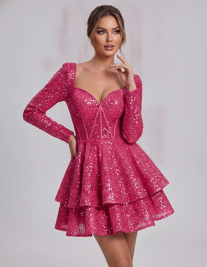 Sequin Long Sleeve Sweetheart Corset Tiered Ruffle Mini Dress for Party, Cocktail, Evening, Summer, Wedding Guest in Champagn | SKU: MD-123456789012345-HOTPINK-L,MD-123456789012345-HOTPINK-M,MD-123456789012345-HOTPINK-S,MD-123456789012345-HOTPINK-XL,MD-123456789012345-HOTPINK-XS