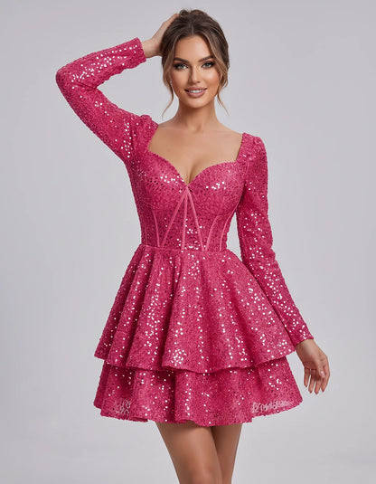 Sequin Long Sleeve Sweetheart Corset Tiered Ruffle Mini Dress for Party, Cocktail, Evening, Summer, Wedding Guest in Champagn | SKU: MD-123456789012345-HOTPINK-L,MD-123456789012345-HOTPINK-M,MD-123456789012345-HOTPINK-S,MD-123456789012345-HOTPINK-XL,MD-123456789012345-HOTPINK-XS