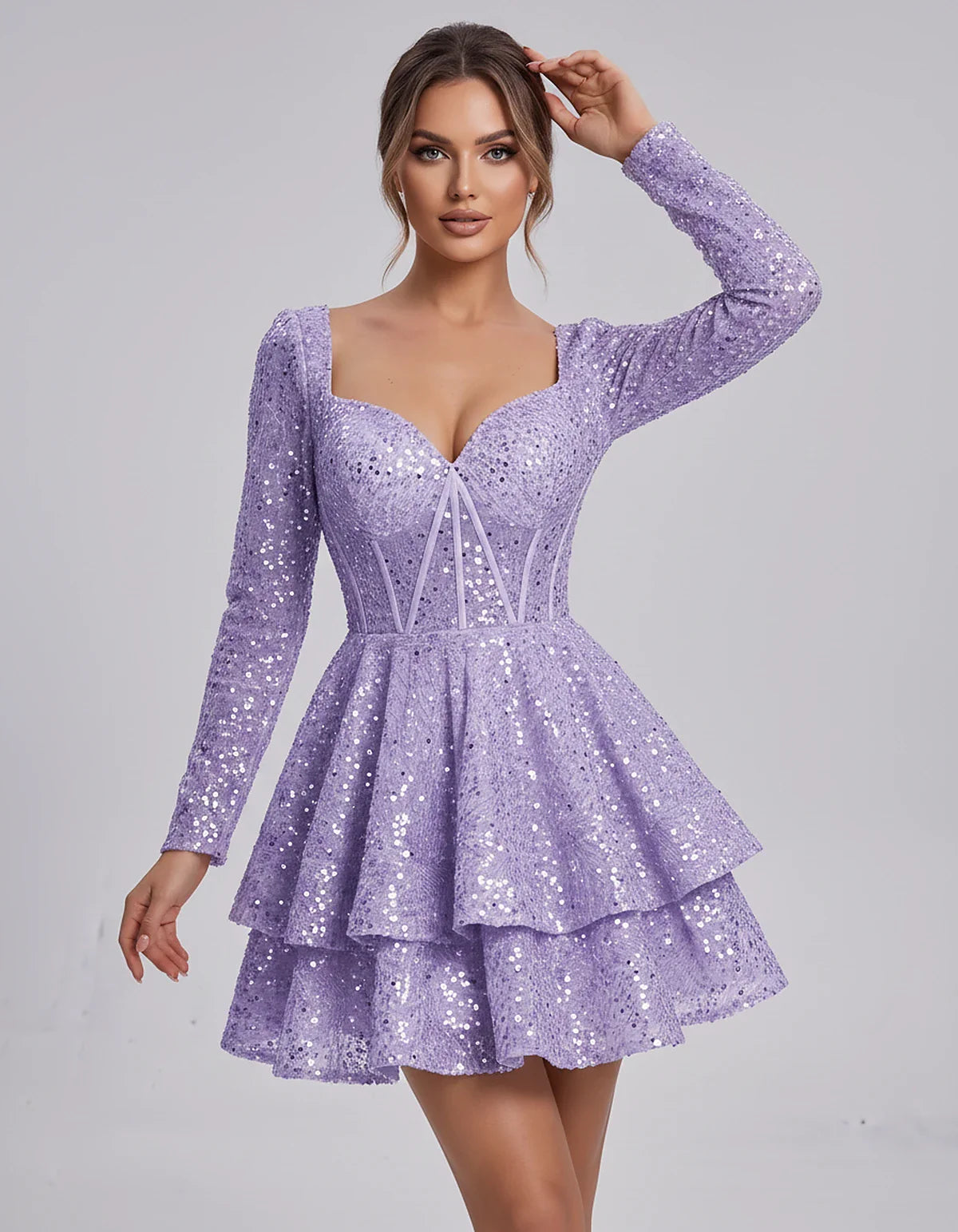 Sequin Long Sleeve Sweetheart Corset Tiered Ruffle Mini Dress for Party, Cocktail, Evening, Summer, Wedding Guest in Champagn | SKU: MD-123456789012345-LAVENDER-L,MD-123456789012345-LAVENDER-M,MD-123456789012345-LAVENDER-S,MD-123456789012345-LAVENDER-XL,MD-123456789012345-LAVENDER-XS