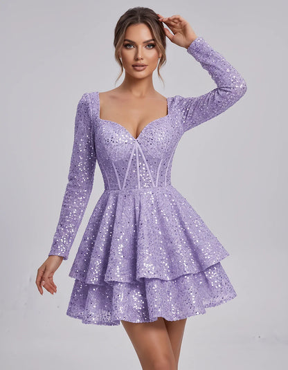 Sequin Long Sleeve Sweetheart Corset Tiered Ruffle Mini Dress for Party, Cocktail, Evening, Summer, Wedding Guest in Champagn | SKU: MD-123456789012345-LAVENDER-L,MD-123456789012345-LAVENDER-M,MD-123456789012345-LAVENDER-S,MD-123456789012345-LAVENDER-XL,MD-123456789012345-LAVENDER-XS