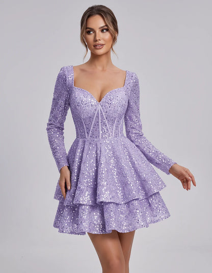 Sequin Long Sleeve Sweetheart Corset Tiered Ruffle Mini Dress for Party, Cocktail, Evening, Summer, Wedding Guest in Champagn | SKU: MD-123456789012345-LAVENDER-L,MD-123456789012345-LAVENDER-M,MD-123456789012345-LAVENDER-S,MD-123456789012345-LAVENDER-XL,MD-123456789012345-LAVENDER-XS