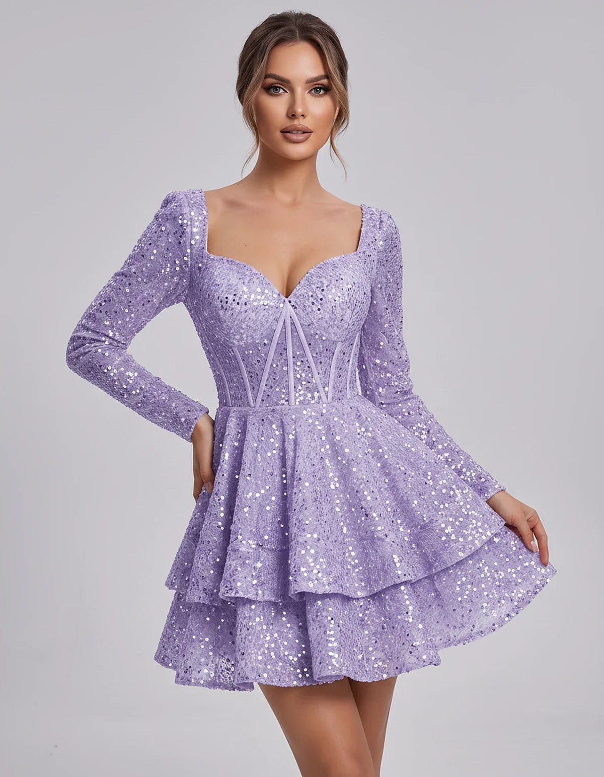 Sequin Long Sleeve Sweetheart Corset Tiered Ruffle Mini Dress for Party, Cocktail, Evening, Summer, Wedding Guest in Champagn | SKU: MD-123456789012345-LAVENDER-L,MD-123456789012345-LAVENDER-M,MD-123456789012345-LAVENDER-S,MD-123456789012345-LAVENDER-XL,MD-123456789012345-LAVENDER-XS