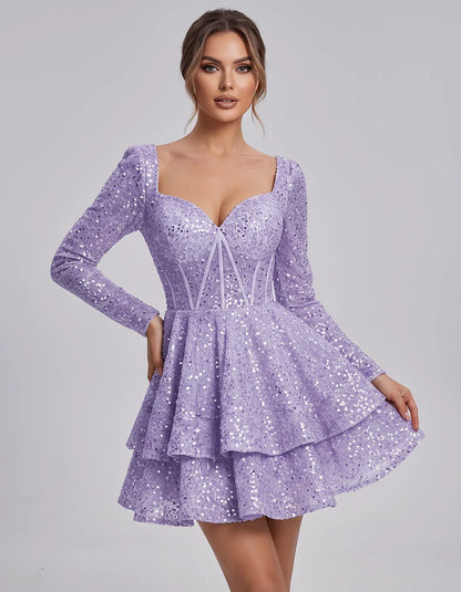 Sequin Long Sleeve Sweetheart Corset Tiered Ruffle Mini Dress for Party, Cocktail, Evening, Summer, Wedding Guest in Champagn | SKU: MD-123456789012345-LAVENDER-L,MD-123456789012345-LAVENDER-M,MD-123456789012345-LAVENDER-S,MD-123456789012345-LAVENDER-XL,MD-123456789012345-LAVENDER-XS