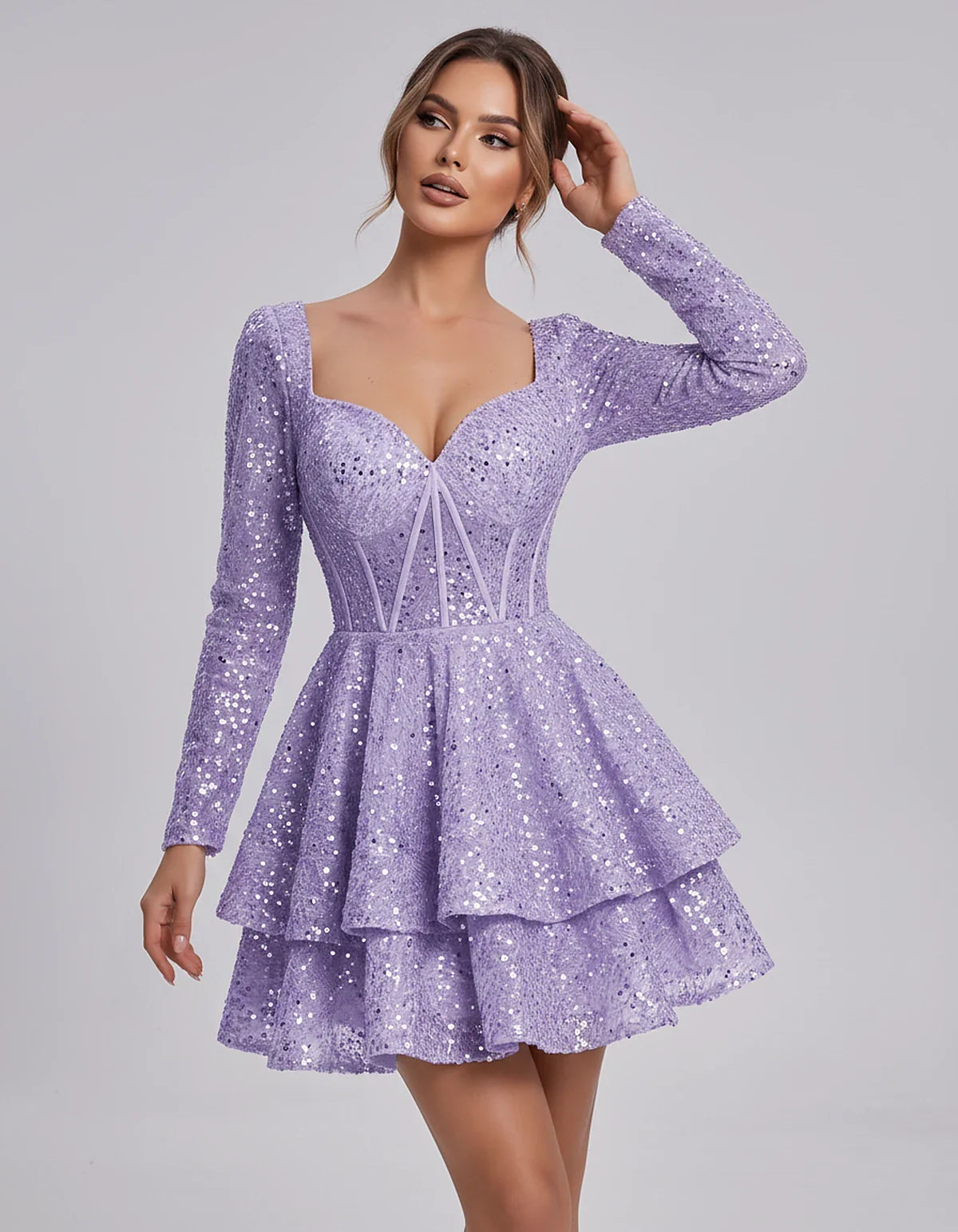 Sequin Long Sleeve Sweetheart Corset Tiered Ruffle Mini Dress for Party, Cocktail, Evening, Summer, Wedding Guest in Champagn | SKU: MD-123456789012345-LAVENDER-L,MD-123456789012345-LAVENDER-M,MD-123456789012345-LAVENDER-S,MD-123456789012345-LAVENDER-XL,MD-123456789012345-LAVENDER-XS