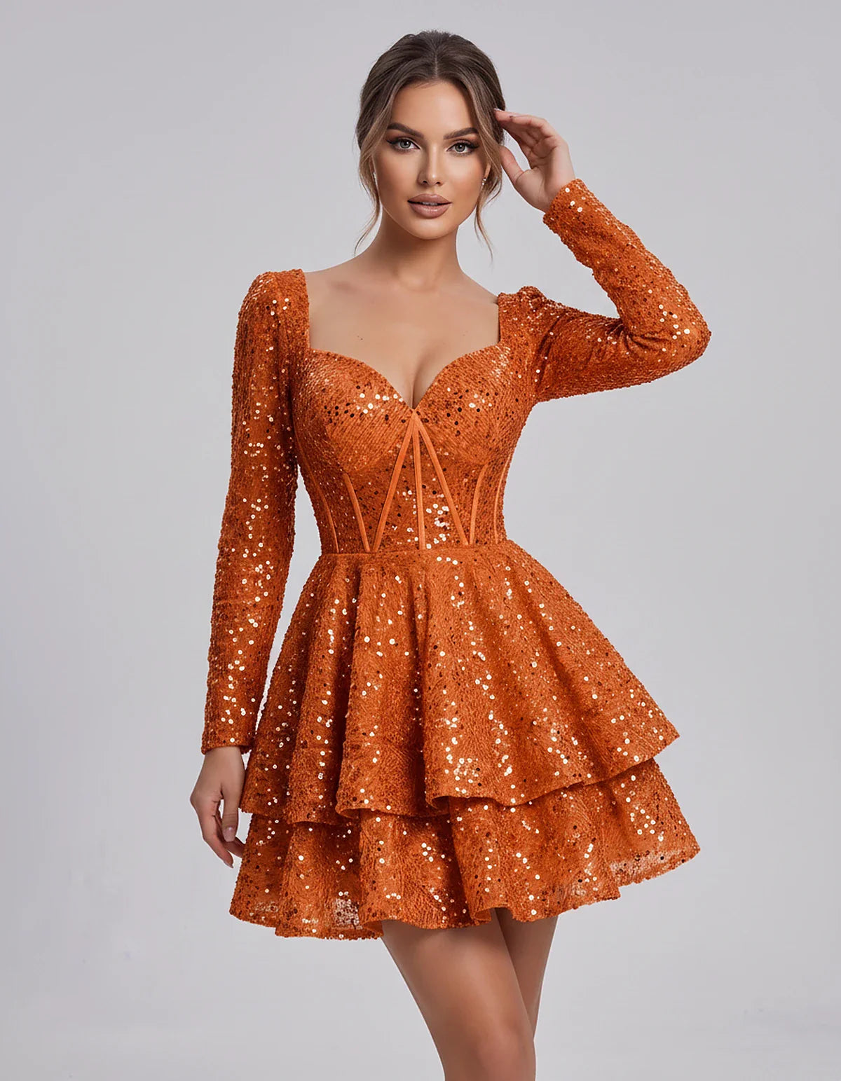 Sequin Long Sleeve Sweetheart Corset Tiered Ruffle Mini Dress for Party, Cocktail, Evening, Summer, Wedding Guest in Champagn | SKU: MD-123456789012345-ORANGE-L,MD-123456789012345-ORANGE-M,MD-123456789012345-ORANGE-S,MD-123456789012345-ORANGE-XL,MD-123456789012345-ORANGE-XS