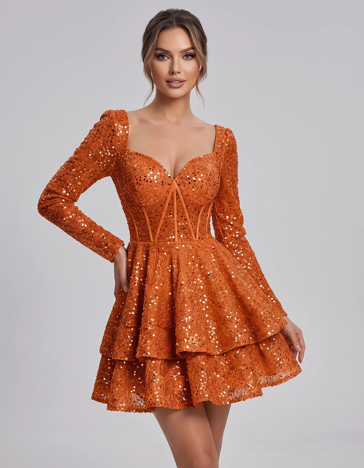 Sequin Long Sleeve Sweetheart Corset Tiered Ruffle Mini Dress for Party, Cocktail, Evening, Summer, Wedding Guest in Champagn | SKU: MD-123456789012345-ORANGE-L,MD-123456789012345-ORANGE-M,MD-123456789012345-ORANGE-S,MD-123456789012345-ORANGE-XL,MD-123456789012345-ORANGE-XS