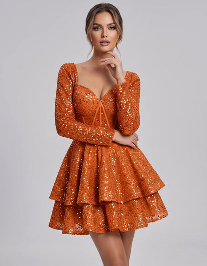 Sequin Long Sleeve Sweetheart Corset Tiered Ruffle Mini Dress for Party, Cocktail, Evening, Summer, Wedding Guest in Champagn | SKU: MD-123456789012345-ORANGE-L,MD-123456789012345-ORANGE-M,MD-123456789012345-ORANGE-S,MD-123456789012345-ORANGE-XL,MD-123456789012345-ORANGE-XS
