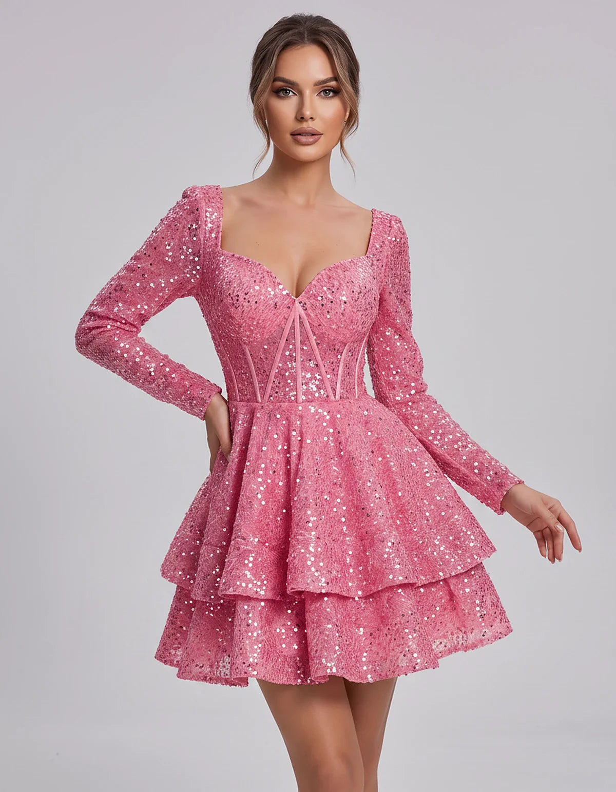 Sequin Long Sleeve Sweetheart Corset Tiered Ruffle Mini Dress for Party, Cocktail, Evening, Summer, Wedding Guest in Champagn | SKU: MD-123456789012345-PINK-L,MD-123456789012345-PINK-M,MD-123456789012345-PINK-S,MD-123456789012345-PINK-XL,MD-123456789012345-PINK-XS