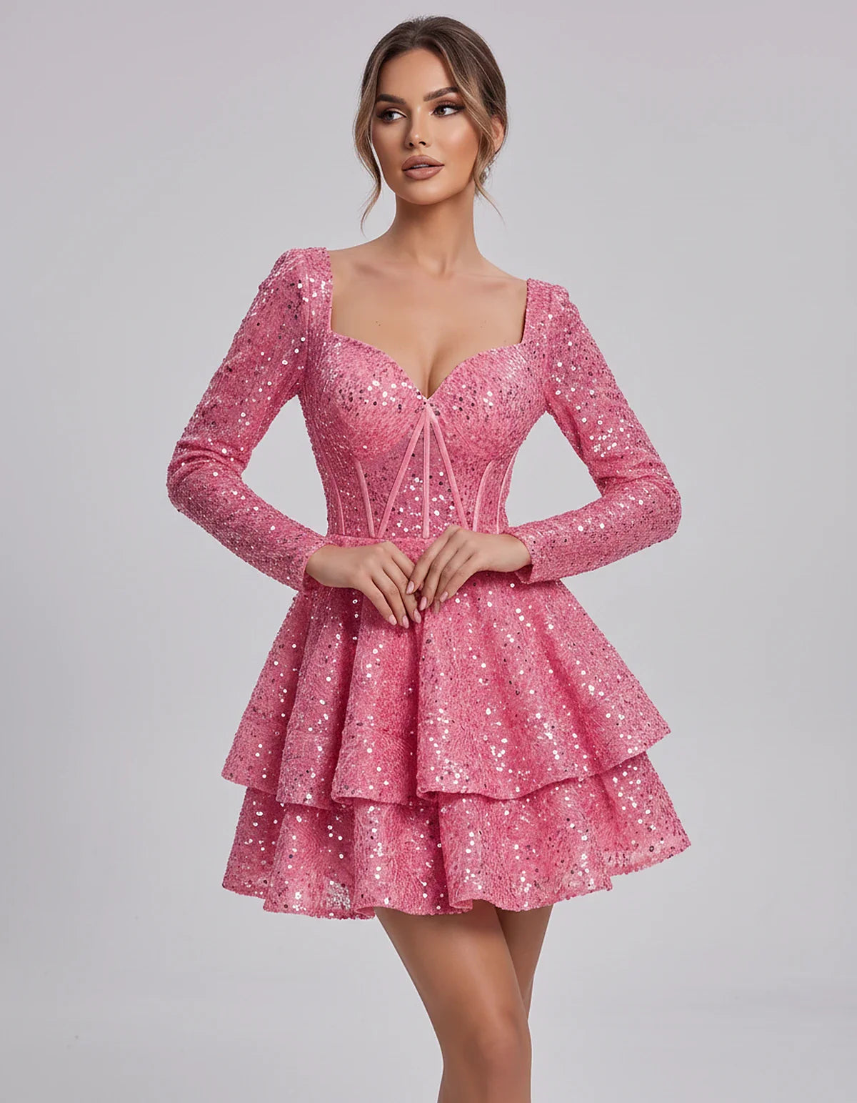 Sequin Long Sleeve Sweetheart Corset Tiered Ruffle Mini Dress for Party, Cocktail, Evening, Summer, Wedding Guest in Champagn | SKU: MD-123456789012345-PINK-L,MD-123456789012345-PINK-M,MD-123456789012345-PINK-S,MD-123456789012345-PINK-XL,MD-123456789012345-PINK-XS