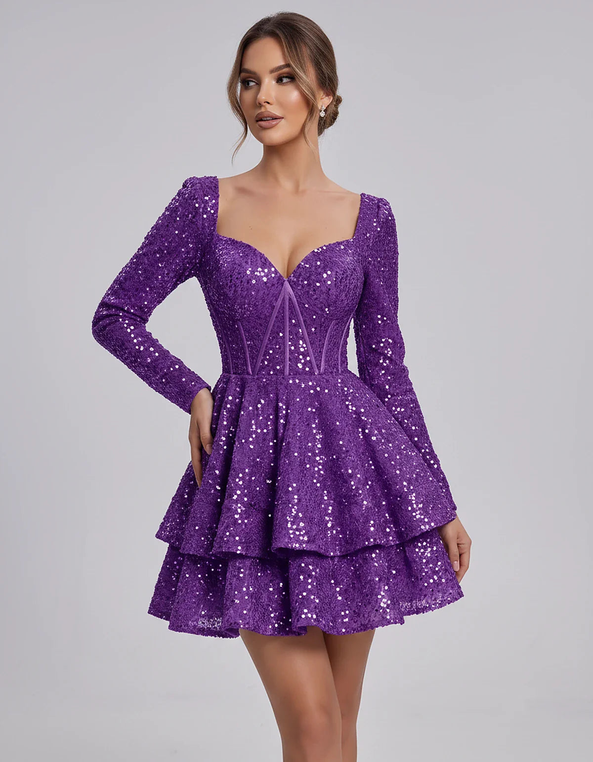 Sequin Long Sleeve Sweetheart Corset Tiered Ruffle Mini Dress for Party, Cocktail, Evening, Summer, Wedding Guest in Champagn | SKU: MD-123456789012345-PURPLE-L,MD-123456789012345-PURPLE-M,MD-123456789012345-PURPLE-S,MD-123456789012345-PURPLE-XL,MD-123456789012345-PURPLE-XS