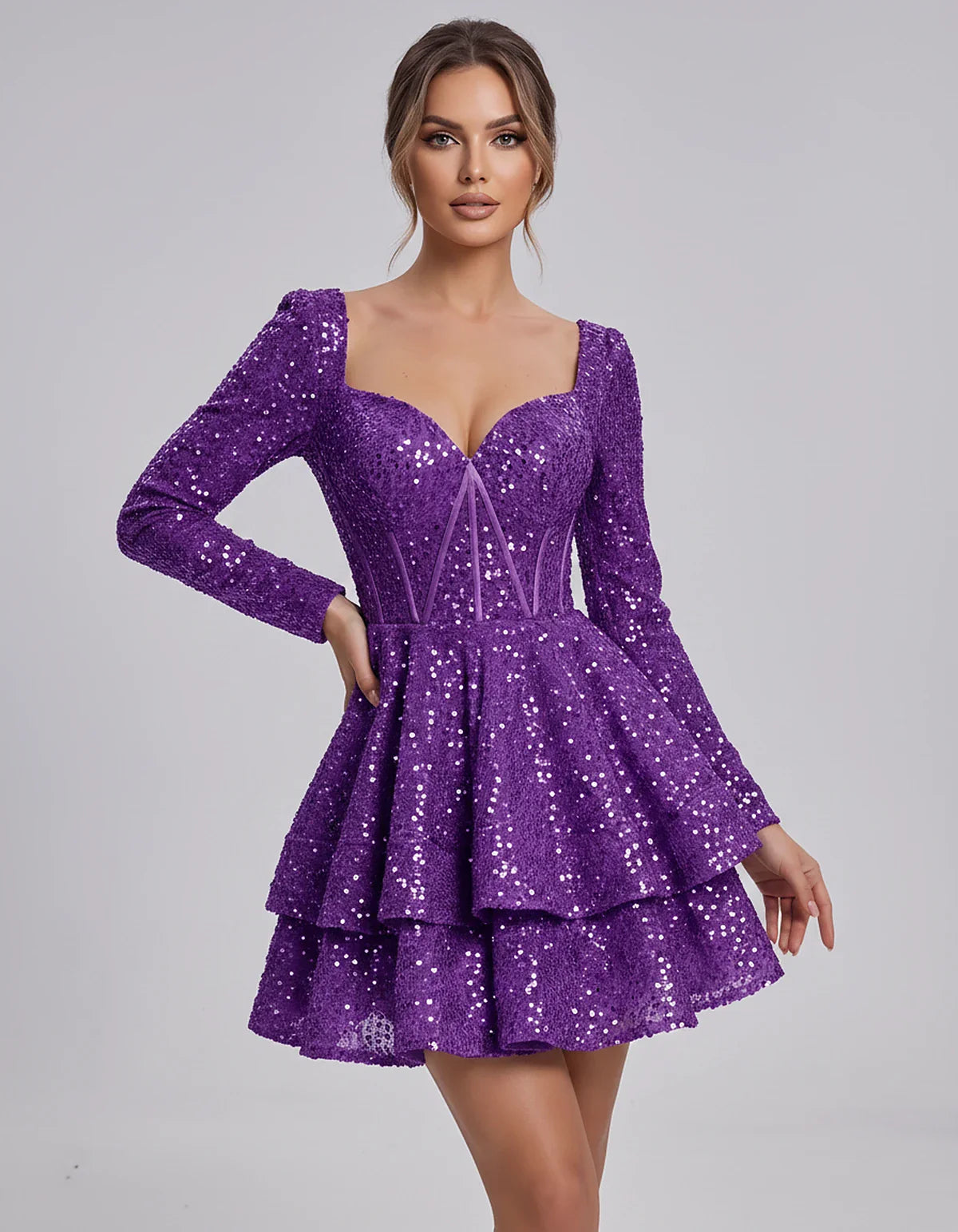 Sequin Long Sleeve Sweetheart Corset Tiered Ruffle Mini Dress for Party, Cocktail, Evening, Summer, Wedding Guest in Champagn | SKU: MD-123456789012345-PURPLE-L,MD-123456789012345-PURPLE-M,MD-123456789012345-PURPLE-S,MD-123456789012345-PURPLE-XL,MD-123456789012345-PURPLE-XS