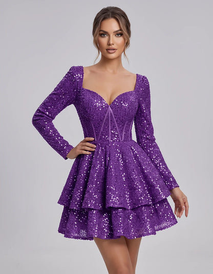 Sequin Long Sleeve Sweetheart Corset Tiered Ruffle Mini Dress for Party, Cocktail, Evening, Summer, Wedding Guest in Champagn | SKU: MD-123456789012345-PURPLE-L,MD-123456789012345-PURPLE-M,MD-123456789012345-PURPLE-S,MD-123456789012345-PURPLE-XL,MD-123456789012345-PURPLE-XS