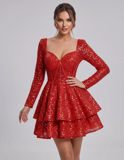 Sequin Long Sleeve Sweetheart Corset Tiered Ruffle Mini Dress for Party, Cocktail, Evening, Summer, Wedding Guest in Champagn | SKU: MD-123456789012345-RED-L,MD-123456789012345-RED-M,MD-123456789012345-RED-S,MD-123456789012345-RED-XL,MD-123456789012345-RED-XS
