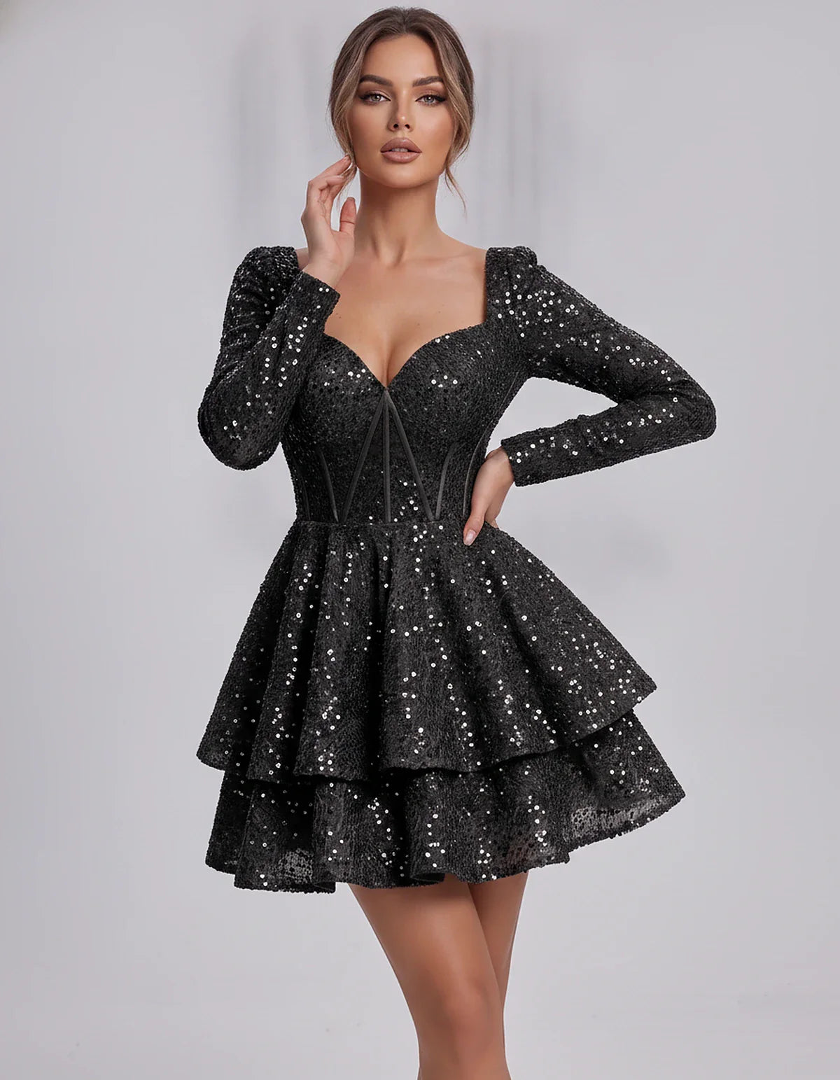 Sequin Long Sleeve Sweetheart Corset Tiered Ruffle Mini Dress for Party, Cocktail, Evening, Summer, Wedding Guest in Champagn | SKU: MD-123456789012345-BLACK-L,MD-123456789012345-BLACK-M,MD-123456789012345-BLACK-S,MD-123456789012345-BLACK-XL,MD-123456789012345-BLACK-XS
