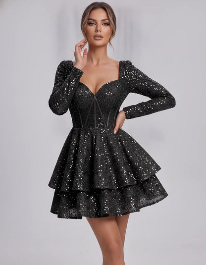 Sequin Long Sleeve Sweetheart Corset Tiered Ruffle Mini Dress for Party, Cocktail, Evening, Summer, Wedding Guest in Champagn | SKU: MD-123456789012345-BLACK-L,MD-123456789012345-BLACK-M,MD-123456789012345-BLACK-S,MD-123456789012345-BLACK-XL,MD-123456789012345-BLACK-XS