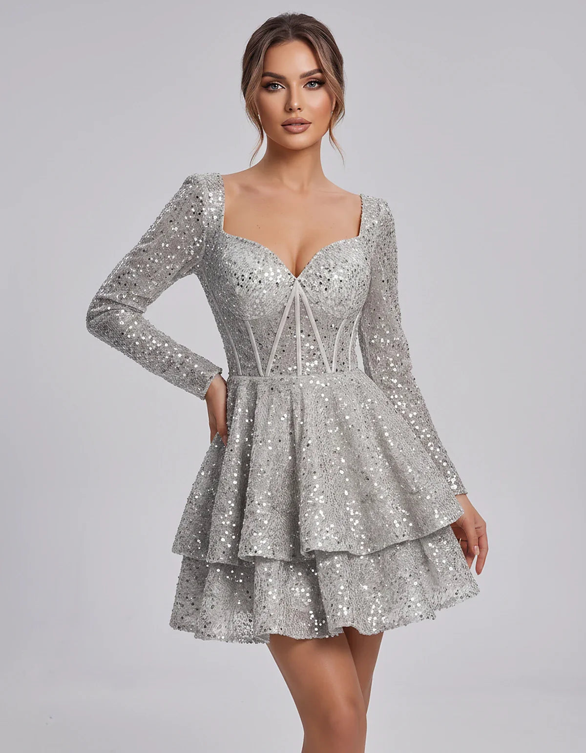 Sequin Long Sleeve Sweetheart Corset Tiered Ruffle Mini Dress for Party, Cocktail, Evening, Summer, Wedding Guest in Champagn | SKU: MD-123456789012345-SILVER-L,MD-123456789012345-SILVER-M,MD-123456789012345-SILVER-S,MD-123456789012345-SILVER-XL,MD-123456789012345-SILVER-XS