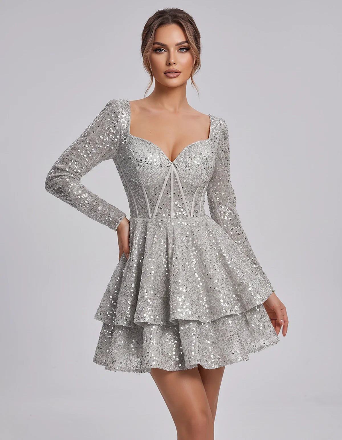 Sequin Long Sleeve Sweetheart Corset Tiered Ruffle Mini Dress for Party, Cocktail, Evening, Summer, Wedding Guest in Champagn | SKU: MD-123456789012345-SILVER-L,MD-123456789012345-SILVER-M,MD-123456789012345-SILVER-S,MD-123456789012345-SILVER-XL,MD-123456789012345-SILVER-XS