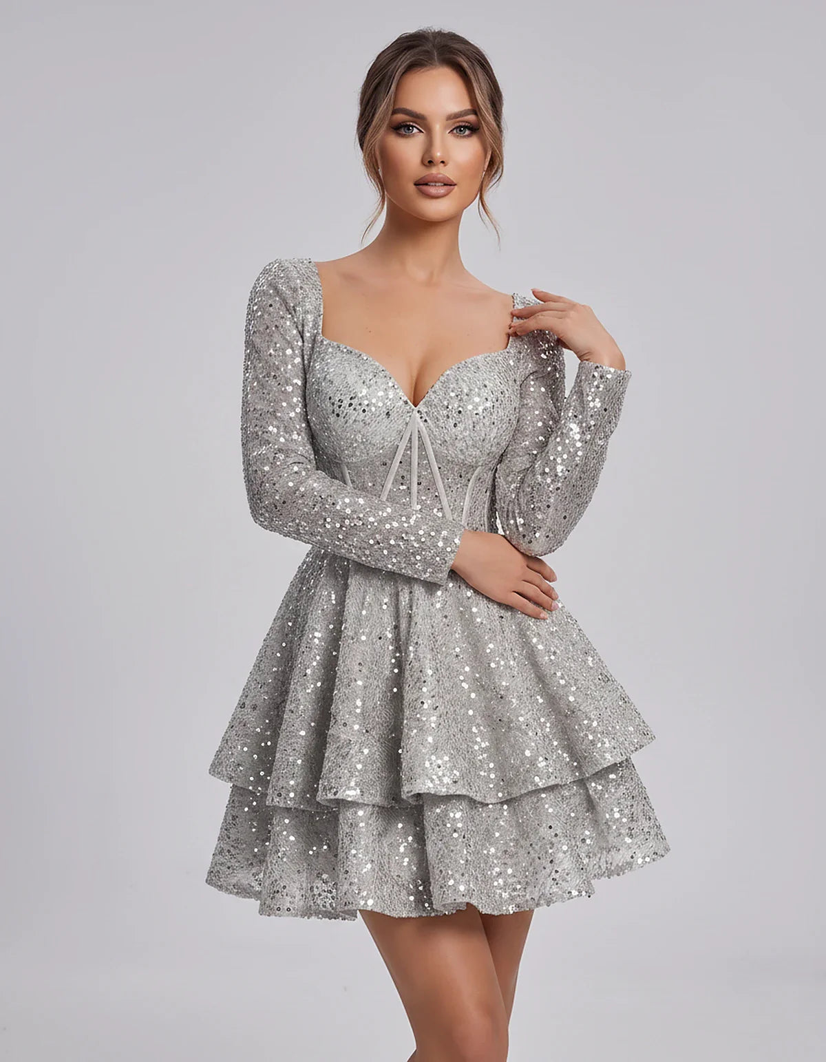 Sequin Long Sleeve Sweetheart Corset Tiered Ruffle Mini Dress for Party, Cocktail, Evening, Summer, Wedding Guest in Champagn | SKU: MD-123456789012345-SILVER-L,MD-123456789012345-SILVER-M,MD-123456789012345-SILVER-S,MD-123456789012345-SILVER-XL,MD-123456789012345-SILVER-XS