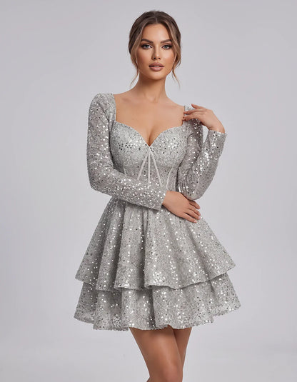 Sequin Long Sleeve Sweetheart Corset Tiered Ruffle Mini Dress for Party, Cocktail, Evening, Summer, Wedding Guest in Champagn | SKU: MD-123456789012345-SILVER-L,MD-123456789012345-SILVER-M,MD-123456789012345-SILVER-S,MD-123456789012345-SILVER-XL,MD-123456789012345-SILVER-XS