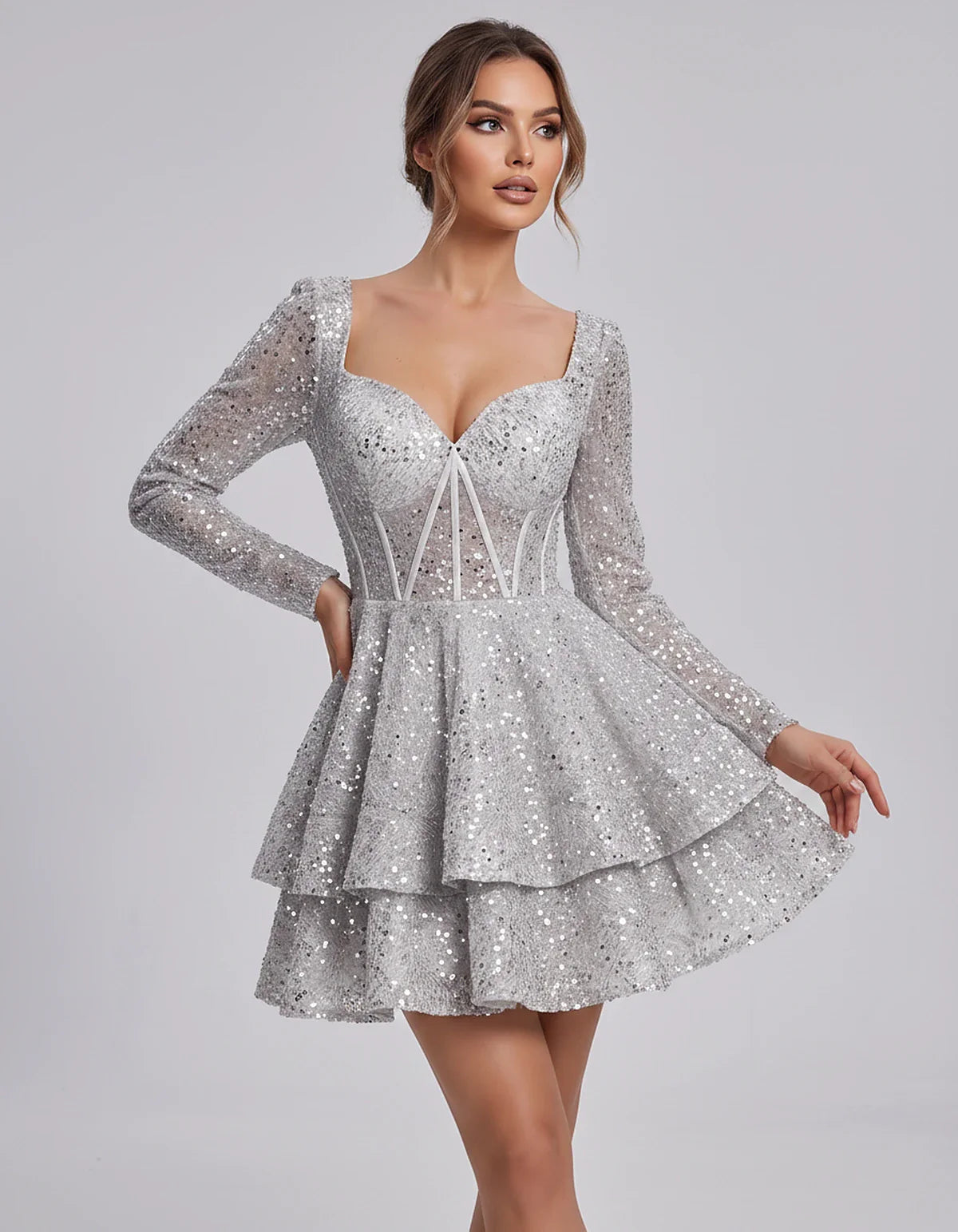 Sequin Long Sleeve Sweetheart Corset Tiered Ruffle Mini Dress for Party, Cocktail, Evening, Summer, Wedding Guest in Champagn | SKU: MD-123456789012345-WHITE-L,MD-123456789012345-WHITE-M,MD-123456789012345-WHITE-S,MD-123456789012345-WHITE-XL,MD-123456789012345-WHITE-XS
