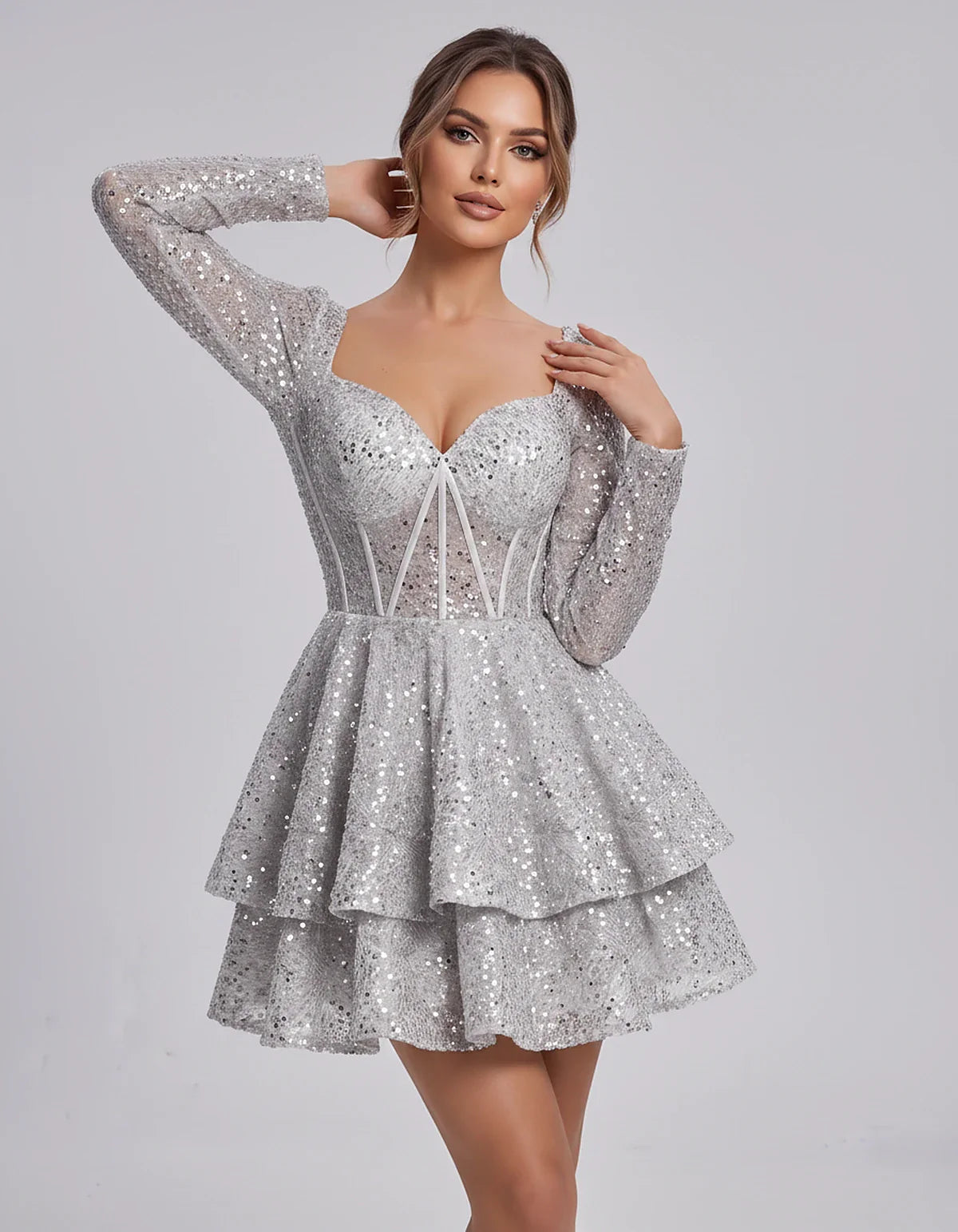 Sequin Long Sleeve Sweetheart Corset Tiered Ruffle Mini Dress for Party, Cocktail, Evening, Summer, Wedding Guest in Champagn | SKU: MD-123456789012345-WHITE-L,MD-123456789012345-WHITE-M,MD-123456789012345-WHITE-S,MD-123456789012345-WHITE-XL,MD-123456789012345-WHITE-XS