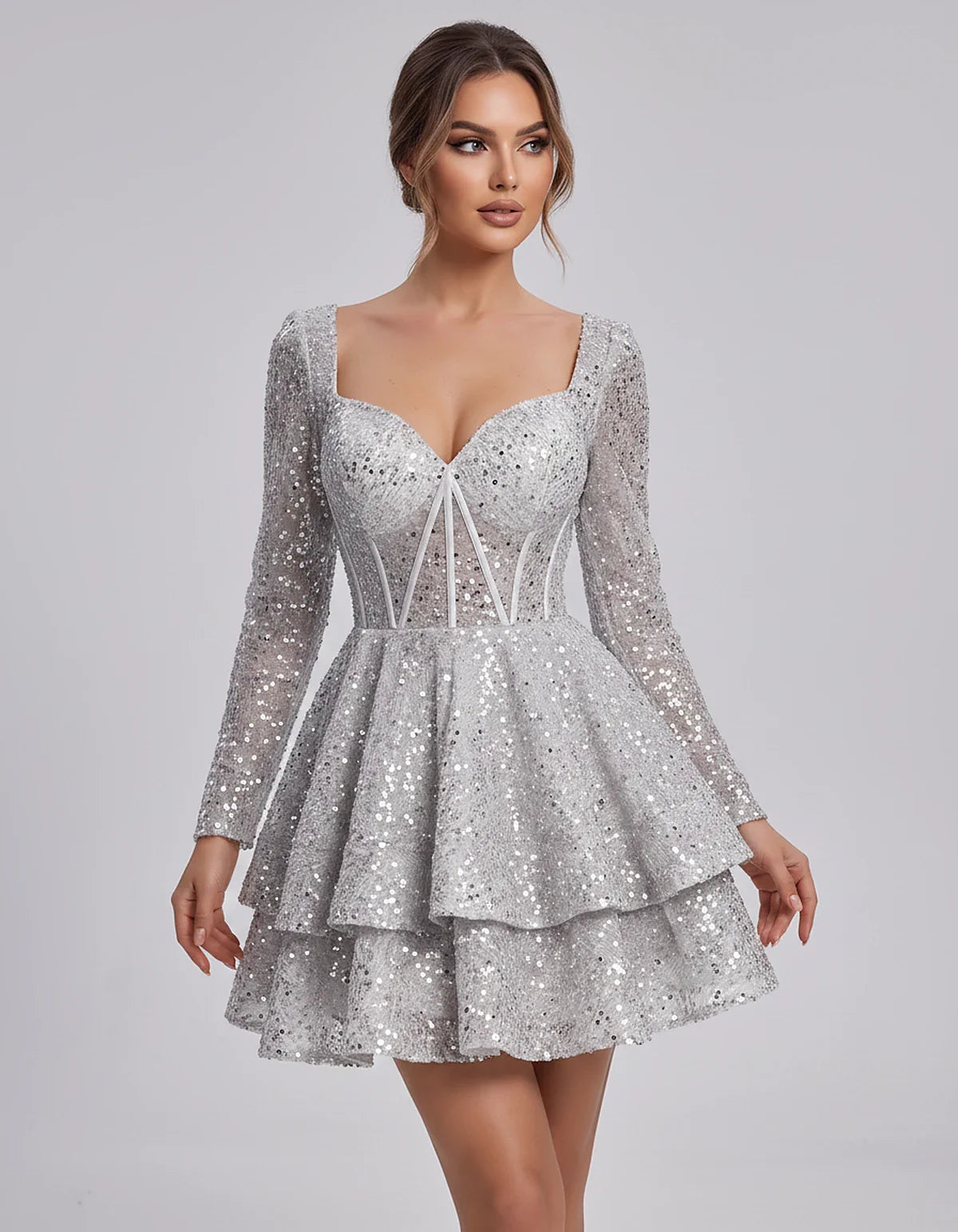 Sequin Long Sleeve Sweetheart Corset Tiered Ruffle Mini Dress for Party, Cocktail, Evening, Summer, Wedding Guest in Champagn | SKU: MD-123456789012345-WHITE-L,MD-123456789012345-WHITE-M,MD-123456789012345-WHITE-S,MD-123456789012345-WHITE-XL,MD-123456789012345-WHITE-XS