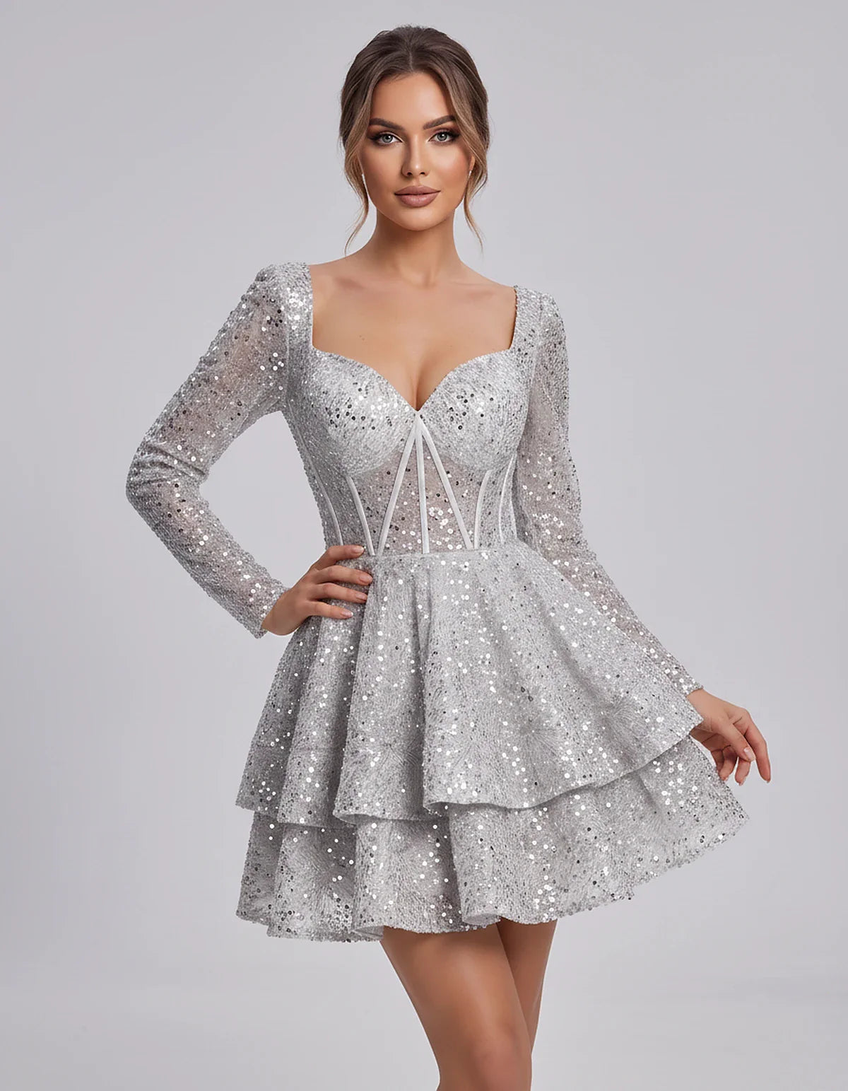 Sequin Long Sleeve Sweetheart Corset Tiered Ruffle Mini Dress for Party, Cocktail, Evening, Summer, Wedding Guest in Champagn | SKU: MD-123456789012345-WHITE-L,MD-123456789012345-WHITE-M,MD-123456789012345-WHITE-S,MD-123456789012345-WHITE-XL,MD-123456789012345-WHITE-XS