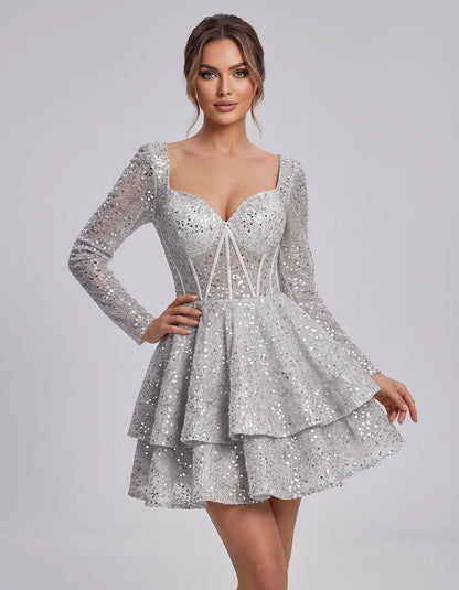 Sequin Long Sleeve Sweetheart Corset Tiered Ruffle Mini Dress for Party, Cocktail, Evening, Summer, Wedding Guest in Champagn | SKU: MD-123456789012345-WHITE-L,MD-123456789012345-WHITE-M,MD-123456789012345-WHITE-S,MD-123456789012345-WHITE-XL,MD-123456789012345-WHITE-XS