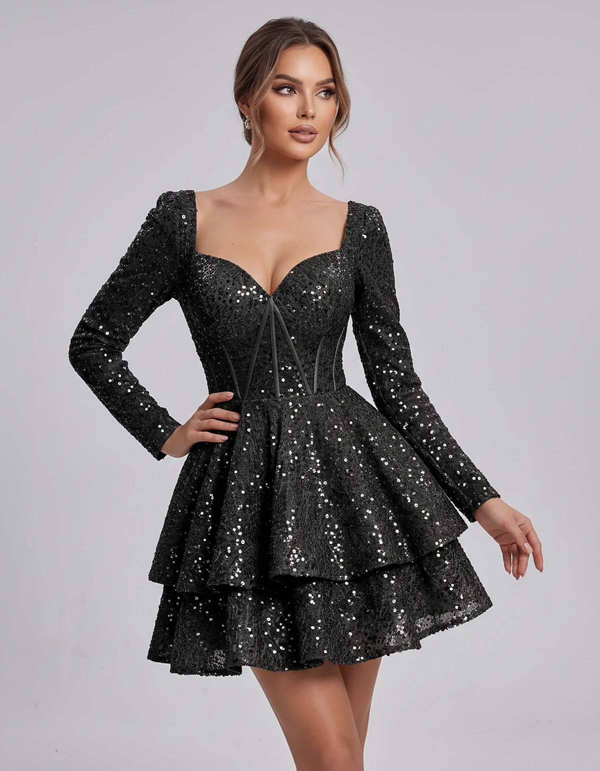 Sequin Long Sleeve Sweetheart Corset Tiered Ruffle Mini Dress for Party, Cocktail, Evening, Summer, Wedding Guest in Champagn | SKU: MD-123456789012345-BLACK-L,MD-123456789012345-BLACK-M,MD-123456789012345-BLACK-S,MD-123456789012345-BLACK-XL,MD-123456789012345-BLACK-XS