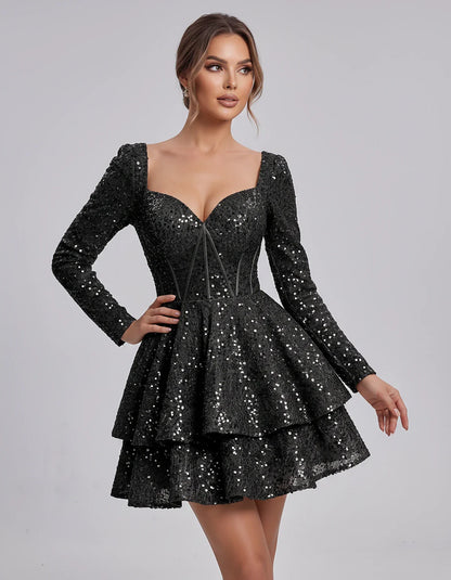Sequin Long Sleeve Sweetheart Corset Tiered Ruffle Mini Dress for Party, Cocktail, Evening, Summer, Wedding Guest in Champagn | SKU: MD-123456789012345-BLACK-L,MD-123456789012345-BLACK-M,MD-123456789012345-BLACK-S,MD-123456789012345-BLACK-XL,MD-123456789012345-BLACK-XS