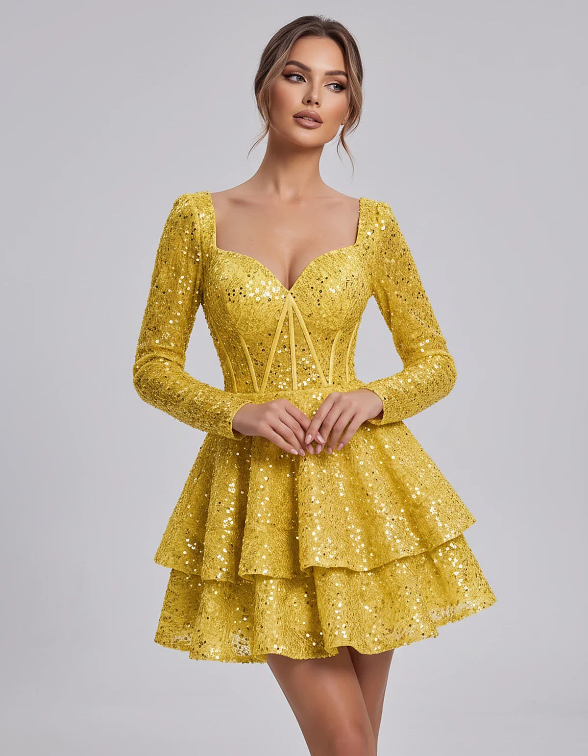 Sequin Long Sleeve Sweetheart Corset Tiered Ruffle Mini Dress for Party, Cocktail, Evening, Summer, Wedding Guest in Champagn | SKU: MD-123456789012345-YELLOW-L,MD-123456789012345-YELLOW-M,MD-123456789012345-YELLOW-S,MD-123456789012345-YELLOW-XL,MD-123456789012345-YELLOW-XS