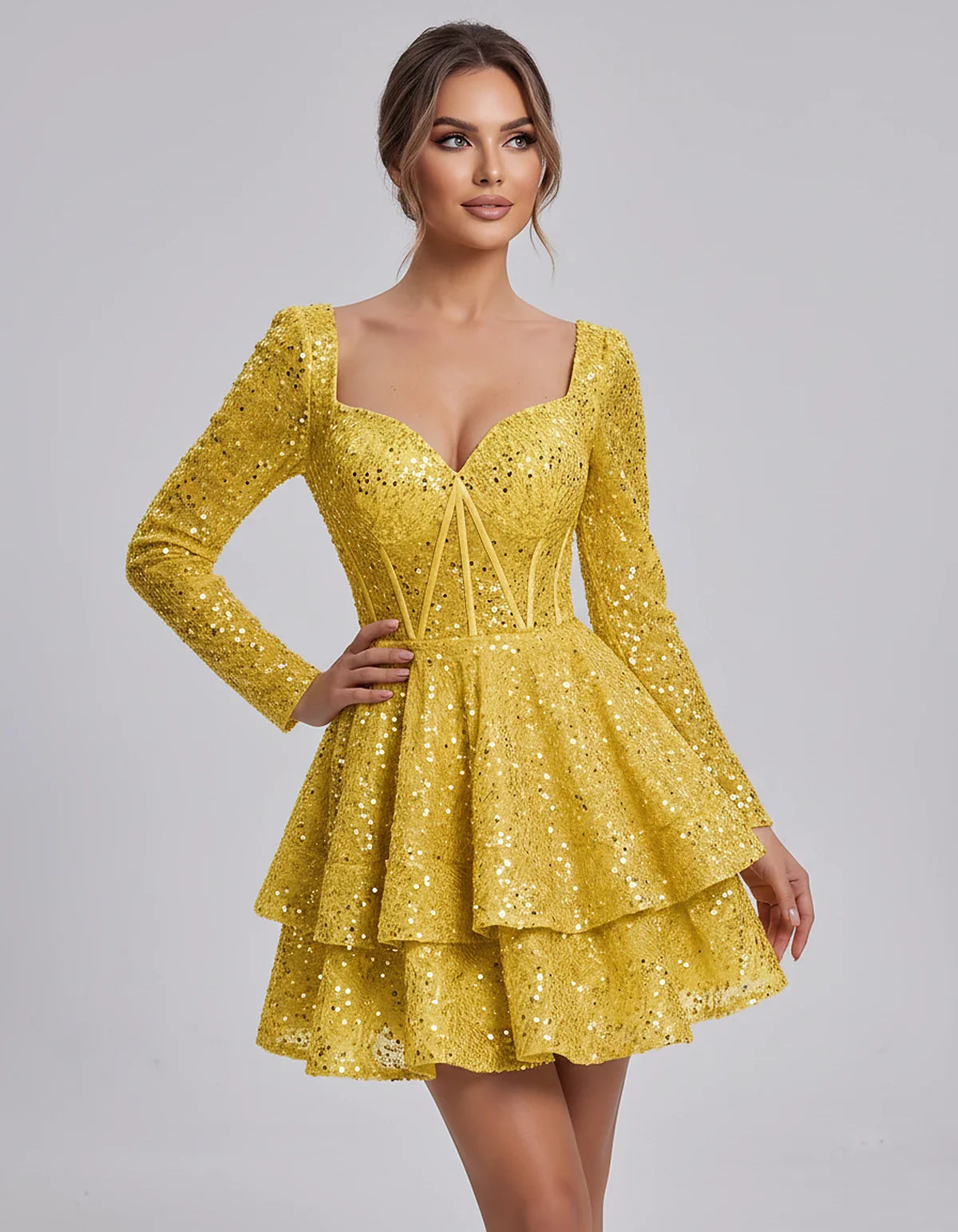 Sequin Long Sleeve Sweetheart Corset Tiered Ruffle Mini Dress for Party, Cocktail, Evening, Summer, Wedding Guest in Champagn | SKU: MD-123456789012345-YELLOW-L,MD-123456789012345-YELLOW-M,MD-123456789012345-YELLOW-S,MD-123456789012345-YELLOW-XL,MD-123456789012345-YELLOW-XS