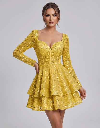 Sequin Long Sleeve Sweetheart Corset Tiered Ruffle Mini Dress for Party, Cocktail, Evening, Summer, Wedding Guest in Champagn | SKU: MD-123456789012345-YELLOW-L,MD-123456789012345-YELLOW-M,MD-123456789012345-YELLOW-S,MD-123456789012345-YELLOW-XL,MD-123456789012345-YELLOW-XS